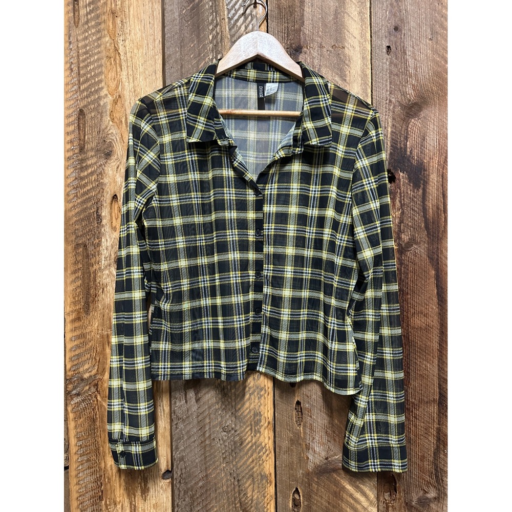 HM Divided Plaid Sheer Button Down‎ Shirt Womens XL Grunge Y2K 90's Punk Indie